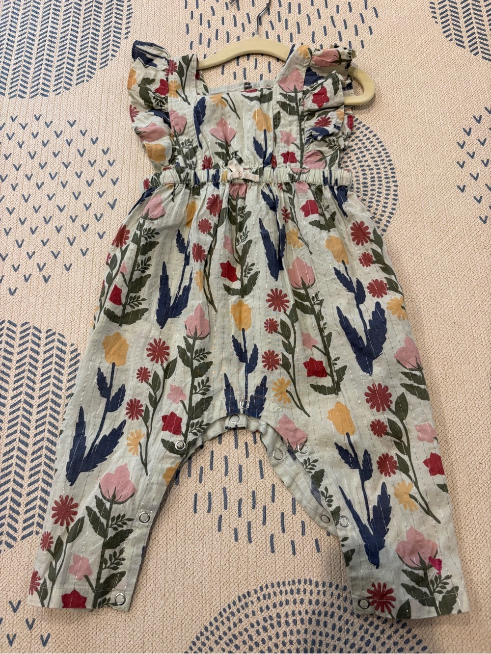 Pink Chicken Paper Floral Ruffle Romper - Cream, Pink, Blue, Yellow, Green, Red